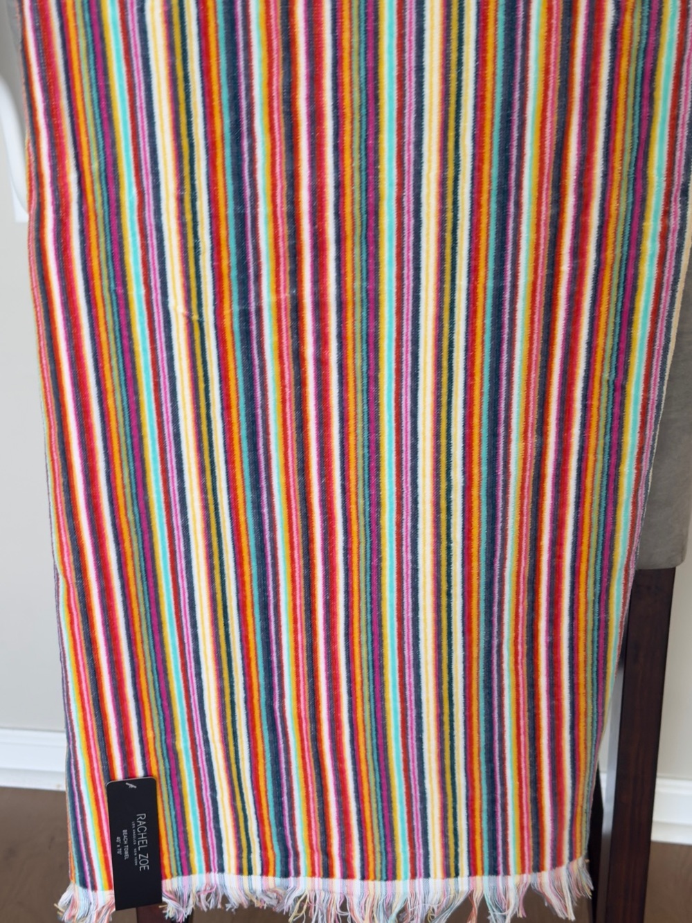 Rachel Zoe 40” x 70” Velour Striped Rainbow Multicolored Beach Pool Towel New